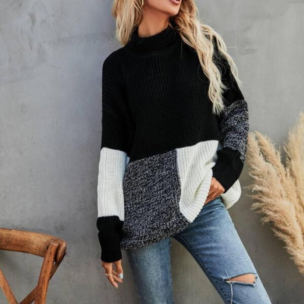 Casual Colorblock Turtleneck Oversized Sweater - Picture 5 of 8